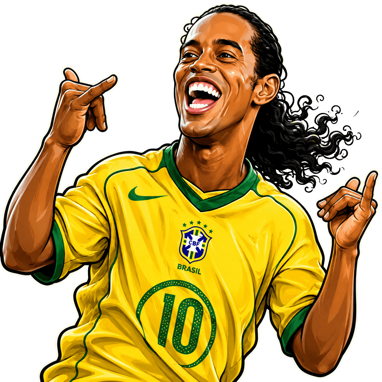 Illustration of Ronaldinho celebrating in the yellow Brazil number 10 shirt